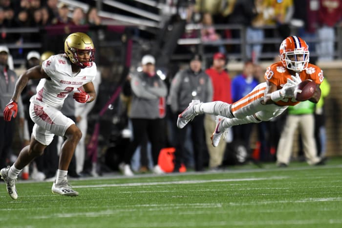 Clemson’s Nate Wiggins tries to intercept a pass intended for Boston College’s Joseph Griffin.